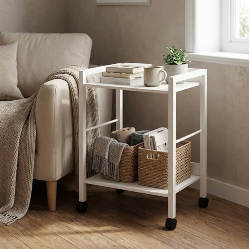2-Tier Rolling Utility Cart with White Shelves and White Metal Frame, Industrial Mobile Storage Trolley on Wheels for Kitchen, Office, Bathroom, Living Room