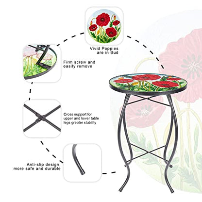 MUMTOP Outdoor Side Table - Small Mosaic Patio Tables, 14” Round Accent End Coffee Glass Plant Stand for Garden Living Room(Poppy) - color: Red Flower