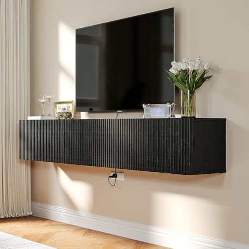 Floating TV Stand with 3 Doors,55IN Wall Mounted TV Cabinet,Slatted Floating Media Console Entertainment Center with Storage,Under TV Shelf for Bedroom Living Room,Black - color: Black, size: 55IN