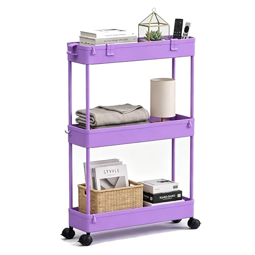 Slim Storage Cart 3 Tier,Bathroom Organizer Rolling Utility,Mobile Shelving Unit Slide Out for Office, Kitchen, Laundry Room & Narrow Places,Purple - color: Purple