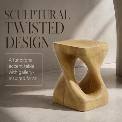 Twisted Solid Wood Accent Table, Hand-Carved Sculptural End Table, 12x12x16 inch Rustic Wooden Stool, Modern Geometric Side Table for Living Room Bedroom, Natural Wood Nightstand Plant Stand - color: Style A-natural