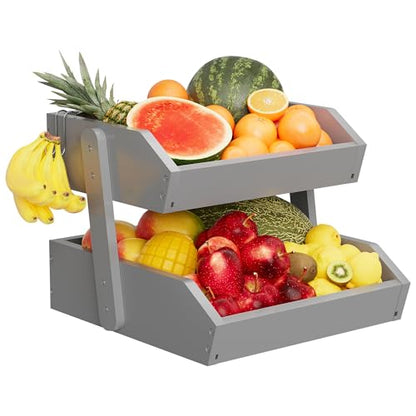 Hellojin Gray Bamboo 2 Tier Fruit Basket with Banana Hangers | Wooden Tiered Organizer, Protective Mats, Large Capacity, Versatile Holder for Bread, Snacks, Veggies, Onion and Potato - color: Grey-2 tier