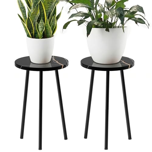 Plant Stand Indoor 2 Pack: Corner Wood 20 Inch Plant Stand Mid Century Modern Decor - Small Round Plant Table for Indoor Plants - Plant Holder for Patio Living Room Bathroom Office (Black Marble) - color: Black Marble, size: 20"&20"