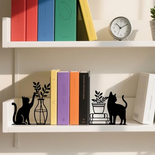 Metal Bookends Cat and Vase Book Ends for Shelves | Cat Bookends Decorative Unique Desk Bookend Black Non-Skid Book Stopper for Home Reading Bookshelf Decor Book Lovers Gift - style: Cat and Vase