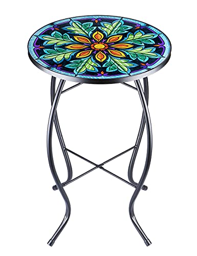 VCUTEKA Outdoor Side Table Mosaic End Table Patio Side Table Small End Table Glass Top Round Balcony Coffee Table Porch Indoor Glass Top - color: Green