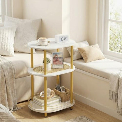 Small Rattan Side/Accent Table with Storage, 3 Tier Round/Oval End Table with Rattan Shelf & Metal Basket, Boho Nightstand, Tool Free Assembly/Screw-Hole Free Tabletop-Living Room Bedroom-Black - color: White-rattan, size: 1PC