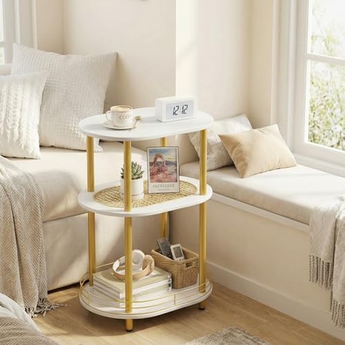 Small Rattan Side/Accent Table with Storage, 3 Tier Round/Oval End Table with Rattan Shelf & Metal Basket, Boho Nightstand, Tool Free Assembly/Screw-Hole Free Tabletop-Living Room Bedroom-Black - color: White-rattan, size: 1PC