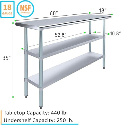 Stainless Steel Work Table with Second Undershelf. (18 x 60) - size: 18x60
