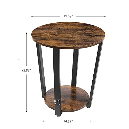 CASATOCA Round End Table, Metal Side Table, 2-Tier Industrial Sofa Table with Storage Rack, Stable and Sturdy Construction, Easy Assembly, Rustic Brown