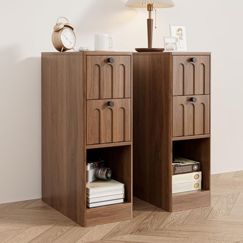 Narrow Walnut Nightstand Set of 2, Small Bedside Table with Arched Drawer, Wood Nightstand, Skinny Side End Table, Mid Century Modern Night Stand for Bedroom, Small Spaces, Slim, Vintage - color: Z03-walnut-2 Pcs