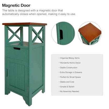 Assembled 30in Height Nightstand, Pre- Assembled Bathroom Floor Cabinet with Shelf and Storage Drawer, Green Tall End Table No Assembly Chest for Living Room Bedroom - color: Green