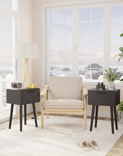 YMYNY Fluted Nightstand Set of 2, Small End Table, Modern Coffee Table with Drawer, Solid Wood Legs, Retaining Chain, 13.8" x 10.6" x 20.9", for Bedroom and Small Spaces, Black UHST014B-2 - color: Black