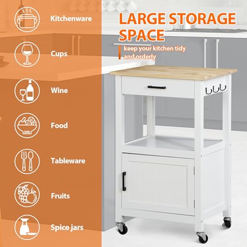 Nova Microdermabrasion Kitchen Island Cart on Wheels, Rolling Kitchen Cart with Single Door Cabinet, Mobile Small Coffee Cart Microwave Oven Cart Serving Cart for Dining Room, White