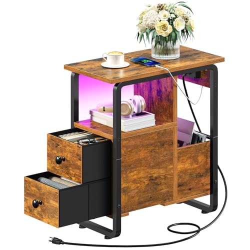 HOOBRO Narrow Nightstand with Charging Station & LED Lights, Narrow Side Table with Fabric Drawer, Open Shelves, Slim End Table for Living Room, Bedroom, Rustic Brown and Black BF430UDBZ01 - color: Rustic Brown + Black