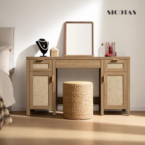 SICOTAS Rattan Vanity Home Office Desk 52" Vanity Table with 3 Drawers | Farmhouse Boho Makeup Vanity Dressing Table with Large Storage, Vanities Desk for Makeup Room, Bedroom, Office - size: 1 Piece, style: Reclaimed Caramel Oak
