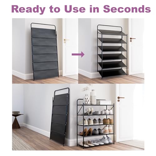 6 Tier No-Assembly Shoe Rack, Foldable Shoes Rack Organizer Without Installation, Portable Solid Metal Shoe Shelves for Closet, Entryway, Front Door Entrance - size: 6 Tier