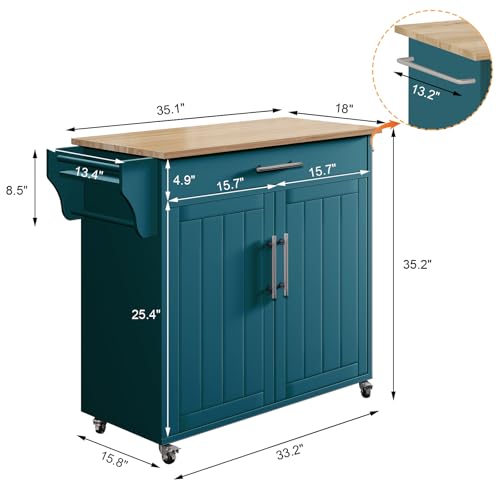 Wood Kitchen Island with Storage, Rolling Kitchen Island On Wheels, Mobile Island Trolley Cart Sideboard Cabinet with Towel Rack, Spice Rack, Adjustable Shelf, Wooden Top & Large Drawer, Dark Green - color: Dark Green