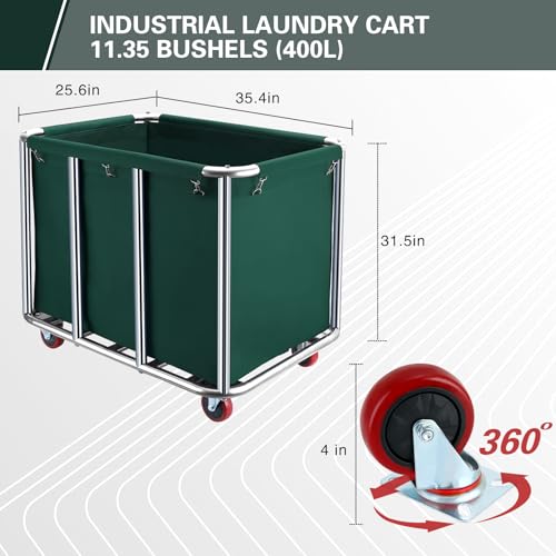 Commercial Laundry Cart with Wheels,11.35 Bushel Commercial Laundry Hamper,Industrial Rolling Laundry Basket with Sturdy Stainless Steel Frame and Oxford Bag for Home Hotel 440 lbs (Blackish Green) - color: Blackish Green