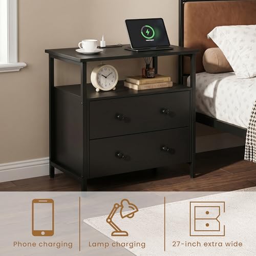 Edbuosy 27 inch Wide Nightstand Set 2 with Charging Station, Bedside Table with Open Shelf, 2 Drawers Small Wood Dresser, Modern Wood Nightstand for Bedroom/Living Room, Black - color: Black-2 Pack, size: 27"W-2 Drawers