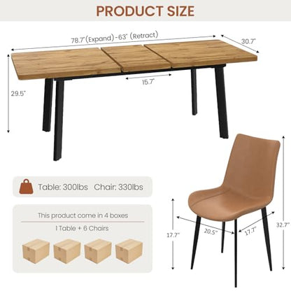 Extendable Dining Table Set for 6 to 8 People, 63" to 78.7" Modern Kitchen Table Set with 6 Leather Chairs, MDF Dining Room Table and Chairs with Removable Extension Leaf (Walnut Table+Brown Chairs) - color: 63'' - 78.7'' Walnut Table+6 Brown Chairs