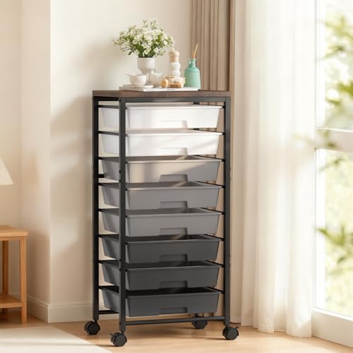 Rolling Cart with 8 Drawers, Plastic Drawer Storage Carts with Wheels & Wooden Tabletop, Metal Utility Cart Organizer for Bedroom Living Room Office Classroom Craft Organization and Storage, Grey - color: Dark Grey