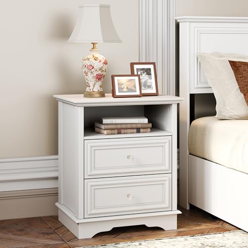 Brafab Bedside Table Set of 2 with Hidden Drawer, 25" Tall | White Night Stands with 2 Drawers and Open Shelf, Classic Wood Night Stands with Secret Storage for Bedroom, Guest Room - color: White