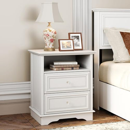 Brafab Bedside Table Set of 2 with Hidden Drawer, 25" Tall | White Night Stands with 2 Drawers and Open Shelf, Classic Wood Night Stands with Secret Storage for Bedroom, Guest Room - color: White