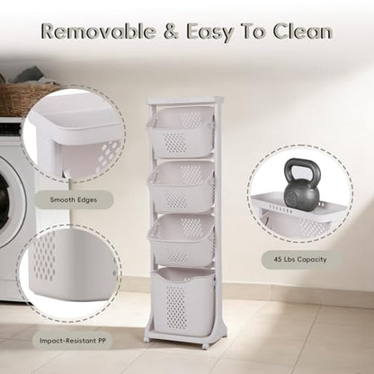 GCCSJ 4-Tier Rolling Laundry Hamper Sorter with Wheels, 95L Capacity & Removable Mesh Baskets, Foldable Storage Organizer Cart for Bedroom, Bathroom, Laundry Room (17.32"x13.1"x54.72")