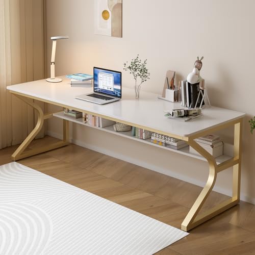 OSCHF 71-Inch Extra Long Desk with Storage Shelf, Gold | Double Long Writing Table, Space-saving, 2-Person Workstation, Modern Study Work Computer Desk, For Home Office - color: Gold + White, size: 71x23.6 inch