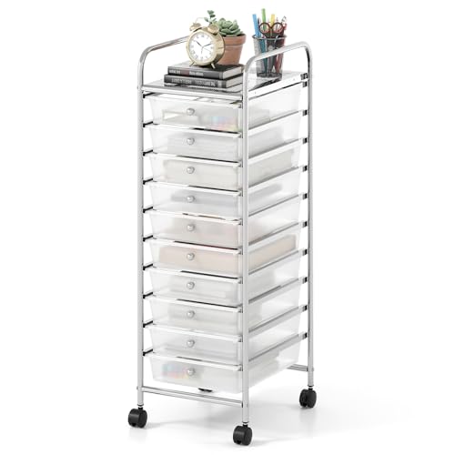 GOFLAME 10-Drawer Rolling Storage Cart, Multifunctional Art Craft Organizer Cart with Removable Drawers, Lockable Wheels and Metal Frame, Classroom Storage Cart for Home Office School, Transparent - color: Transparent, size: 10-Drawer