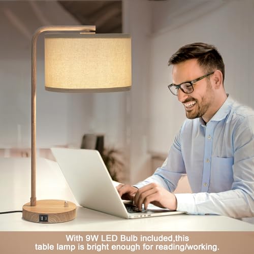 Farmhouse Table Lamp, Fully Dimmable Bedisde Nightstand Lamp with USB C+A Charging Ports, Modern Tall Table Lamp Desk Reading Lamp for Living Room, Bedroom, Office, 9W LED Bulb Included - color: Wood Grain