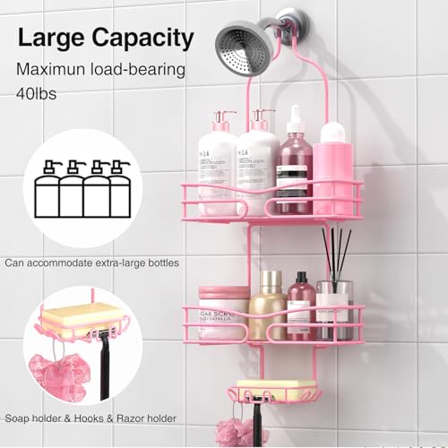 DAOYA Pink 3-Tier Over Head Shower Caddy with Soap Holder & 6 Hooks - Hanging Shower Caddy for Bathroom Organizer - color: Pink