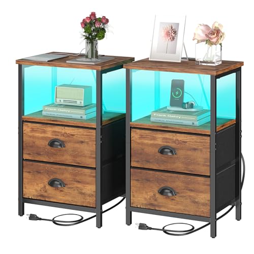 Sthmec Rustic Brown Industrial Nightstand Set of 2, Bedside Table with 2 Fabric Drawers, 3-Tier Storage, LED Light, Charging Station, 11.38''D * 15.38''W* 24.75''H - color: Rustic Brown