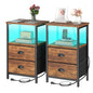 Sthmec Rustic Brown Industrial Nightstand Set of 2, Bedside Table with 2 Fabric Drawers, 3-Tier Storage, LED Light, Charging Station, 11.38''D * 15.38''W* 24.75''H - color: Rustic Brown