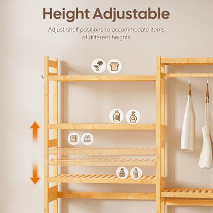Cozivolife Over The Washer and Dryer Storage Shelf Bamboo,5 Tiers Laundry Room Drying Rack with Adjustable Shelves and 4 Hooks,Space Saver Organizer for Hanging Clothes and Towels (Natural) - color: Natural