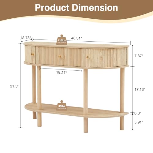 XUZENEST 43.3“ Fluted Half Moon Console Table, Modern Entryway Console Sofa Table with Storage, Narrow Wood Accent Tables Behind Couch Tables for Living Room, Hallway, Foyer(Natural) - color: 43.3 Half Moon Natural
