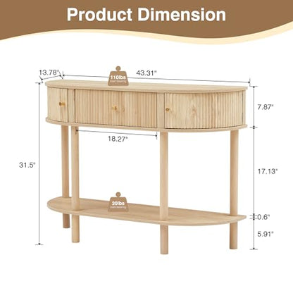 XUZENEST 43.3“ Fluted Half Moon Console Table, Modern Entryway Console Sofa Table with Storage, Narrow Wood Accent Tables Behind Couch Tables for Living Room, Hallway, Foyer(Natural) - color: 43.3 Half Moon Natural