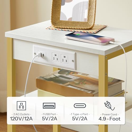 HOOBRO Side Tables Set of 2 with Charging Station and USB Port, Small End Tables for Small Space, 3-Tier Nightstands with Adjustable Shelf, for Living Room, Bedroom, White and Gold DW112BZP201G1 - color: White + Gold