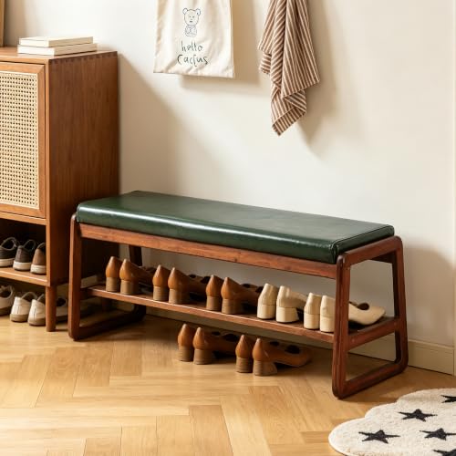 SOBIBO Solid Wood Shoe Bench, 2-Tier Wooden Entryway Bench, Modern Shoe Rack with Faux Leather Cushion for Hallway, Living Room (Green, 39.4'') - color: Green, size: 39.4 inches