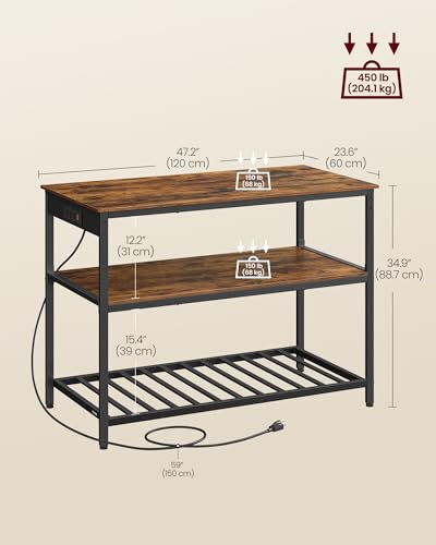 VASAGLE Kitchen Island with 3 Shelves, 47.2 Inches Width Kitchen Shelf with Power Strip, Large Worktop, Stable Steel Structure, Industrial, Easy to Assemble, Rustic Brown and Black UKKI101K01 - color: Rustic Brown + Black, size: 47.2"W x 34.9"H, style: wi