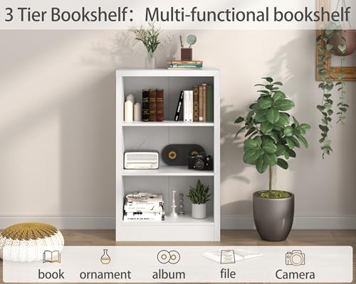 furtble 3 Tier Bookshelf with Thick Open Storage Shelf, 43" Tall Wooden Bookcase with Adjustable Shelves for Living Room, Home Office, Bedroom, White - size: 3-Tier-23.6W