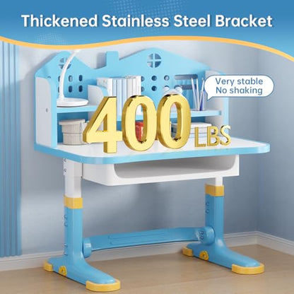 Kids Desk and Chair Set, Height Adjustable Child's School Study Writing Tables, Kids Desk with Bookstand and Storage Drawer, Widened Desktop with Desktop for Boys and Girls - color: Blue-a