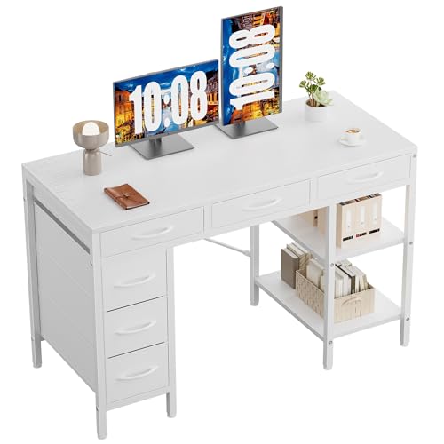 Sweetcrispy 47" Computer Desk with 6 Fabric Drawers, Home Office Gaming Desks with Storage Shelves for Bedroom, Writing Study Corner Living Room Work Table White - color: Pure White, size: 46.8 Inches