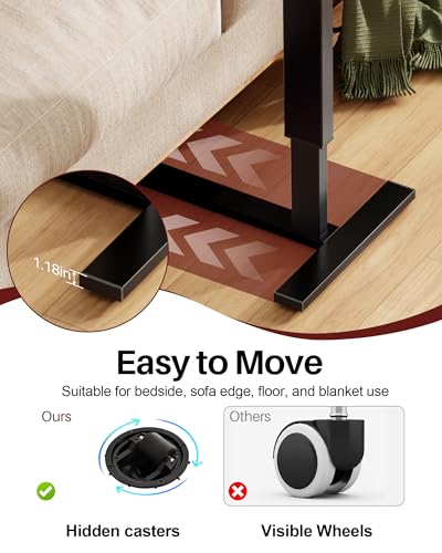 Foldable Overbed Table with Wheels, Pneumatic Adjustable Desk | 31.5 X 17.7 In Desktop with Cup Holders and Tablet Slot, Hidden Casters, 88 Lbs Capacity, Installs on Either Side of Bed - color: Brown