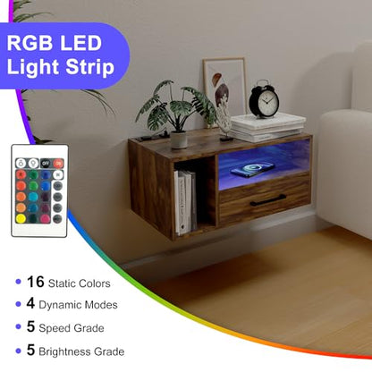 Homaterial Floating Nightstand with Charging Station and LED Lights, Floating Bedside Table with Drawers Wall Mounted Nightstands,for Bedroom Room, 21.3" x 11.8" x 10",Rustic Brown - color: Rustic Brown