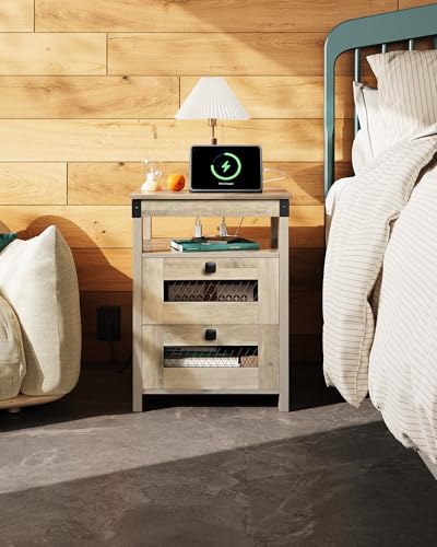 WLIVE Nightstand with Charging Station, Farmhouse End Table, Bed Side Table with 2 Storage Drawers and Open Shelf, Wood Rustic Nightstands for Bedroom, Greige - color: Greige, style: Farmhouse