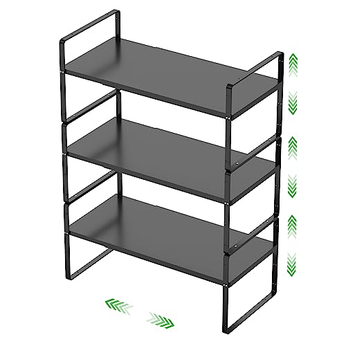 Expandable Cabinet Storage Shelf Stackable Organizer Rack for Kitchen Bathroom Pantry Spice Cupboard Countertop Home Office Desk Heavy Duty Nonslip Black Small 3 Pack - color: Smooth Black, size: Small - 8.1"D - 3 Pack