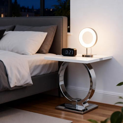 Asday 23.6" White and Silver End Table, Modern Side Table with Glossy Wooden Top and Stainless Steel U-Shaped Base, Accent Table for Living Room, Bedroom, Lounge - color: White and Silver, size: Set of 1