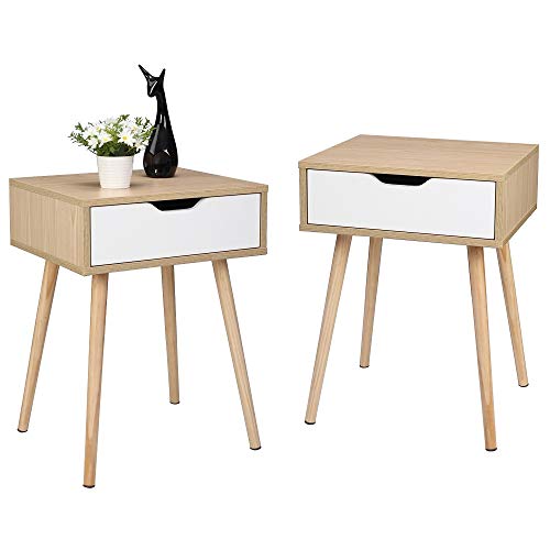 Bonnlo Wood Nightstands Set of 2, End Side Table with Spacious Drawer & Solid Wood Legs, Small Nightstands for Livingroom, Bedroom, Dorm - color: White+oak, size: 1 Drawer