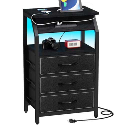 SZLHANJZ End Table with 3 Fabric Drawers, Charging Station and LED Lights | Nightstand Bedside Table, Small Night Stand for Bedside, Storage Side Table for Living Room Dorm, Black - color: Black, size: 3 Drawers - Single